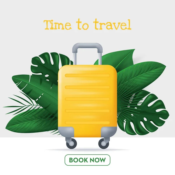 Suitcase Tropical Leaves Time Travel Concept Vector Illustration Minimal Style — Vettoriale Stock