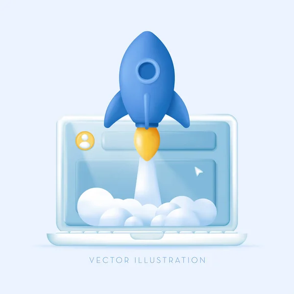 Successful Startup Business Concept Rocket Launch Laptop Vector Illustration Minimal —  Vetores de Stock