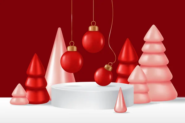 Banner Template White Podium Realistic Christmas Cone Trees Vector Illustration — ストックベクタ