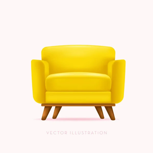 3D扶手椅黄色椅子 有木制腿 矢量最小风格 真实感说明 — 图库矢量图片