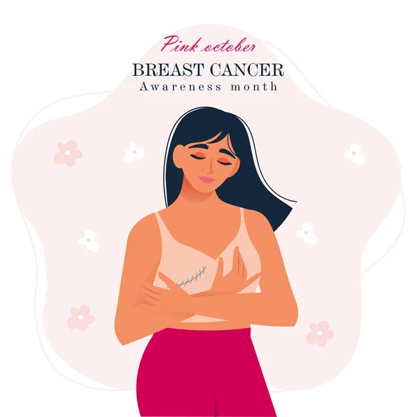 Mujer Sosteniendo Pecho Banner Del Mes Concienciación Sobre Cáncer Mama — Vector de stock