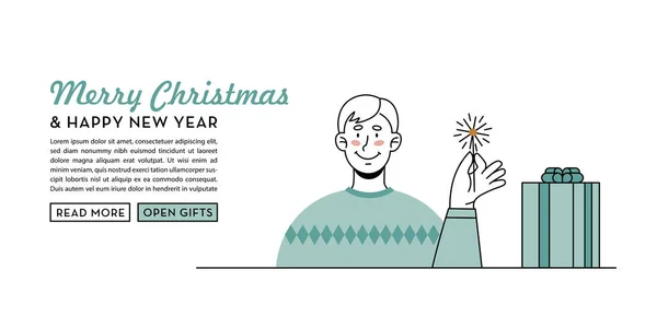 Homem Segurar Sparkler Natal Celebração Ano Novo Banner Criativo Página —  Vetores de Stock