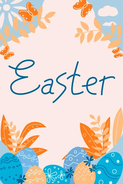 Une affiche avec l'inscription Pâques et oeufs et fleurs peints. — Image vectorielle