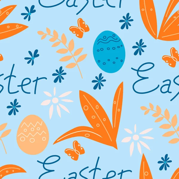 Modèle sans couture avec des fleurs, des œufs de Pâques et l'inscription Pâques. — Image vectorielle