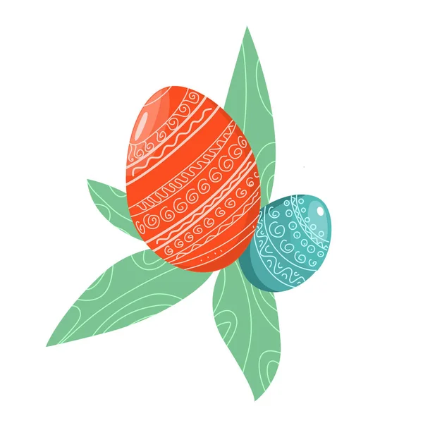 Пасхальные Яйца Красного Синего Цвета Листья — стоковый вектор