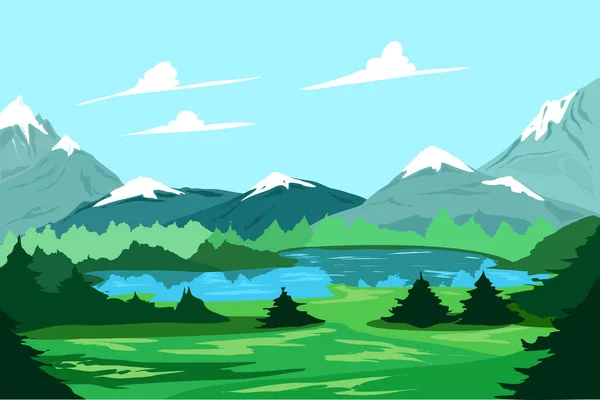 Paysage de montagne avec lac et arbres. Vecteur En Vente