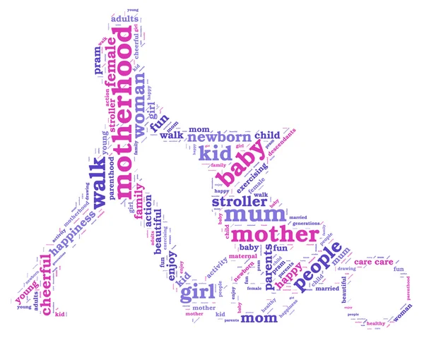 Young mother with stroller silhouette tag cloud illustration — Stock Photo, Image