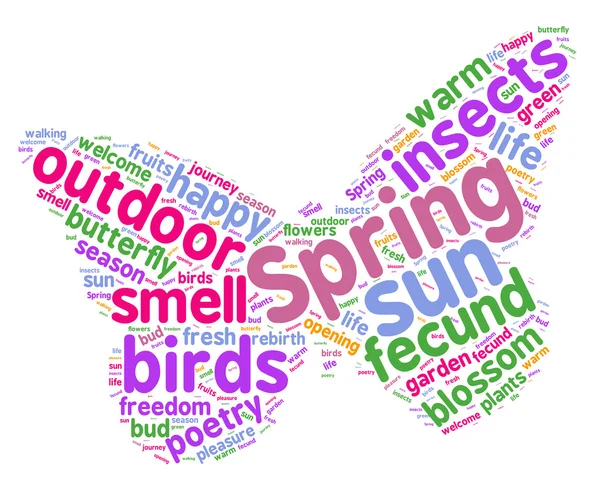 Spring concept tag cloud butterfly shaped illustration — Stock Photo, Image