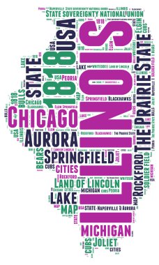 Illinois USA state map vector tag cloud illustration clipart