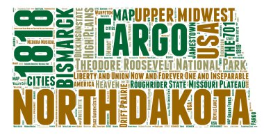 North Dakota USA state map vector tag cloud illustration clipart