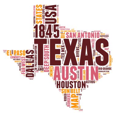 Texas USA state map tag cloud vector illustration clipart