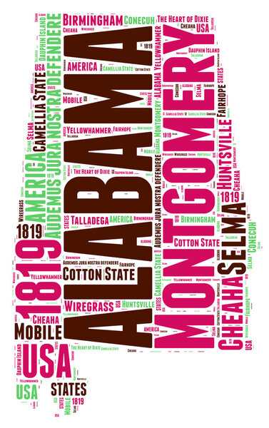 Alabama USA state map vector tag cloud illustration