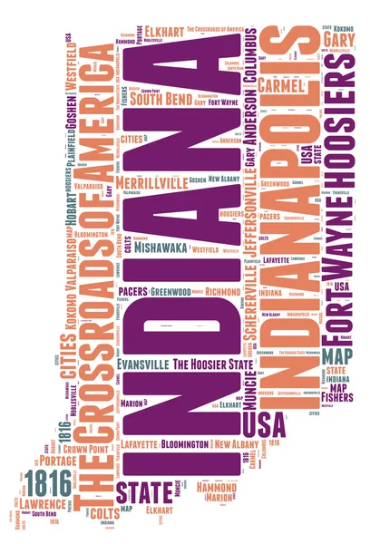 Indiana EE.UU. mapa del estado vector etiqueta nube ilustración — Archivo Imágenes Vectoriales