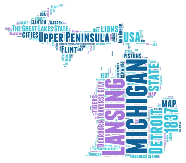 Michigan USA state map vector tag cloud illustration — Stock Vector