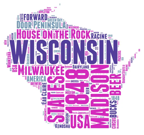 Wisconsin Stati Uniti d America mappa vettoriale tag cloud illustrazione — Vettoriale Stock