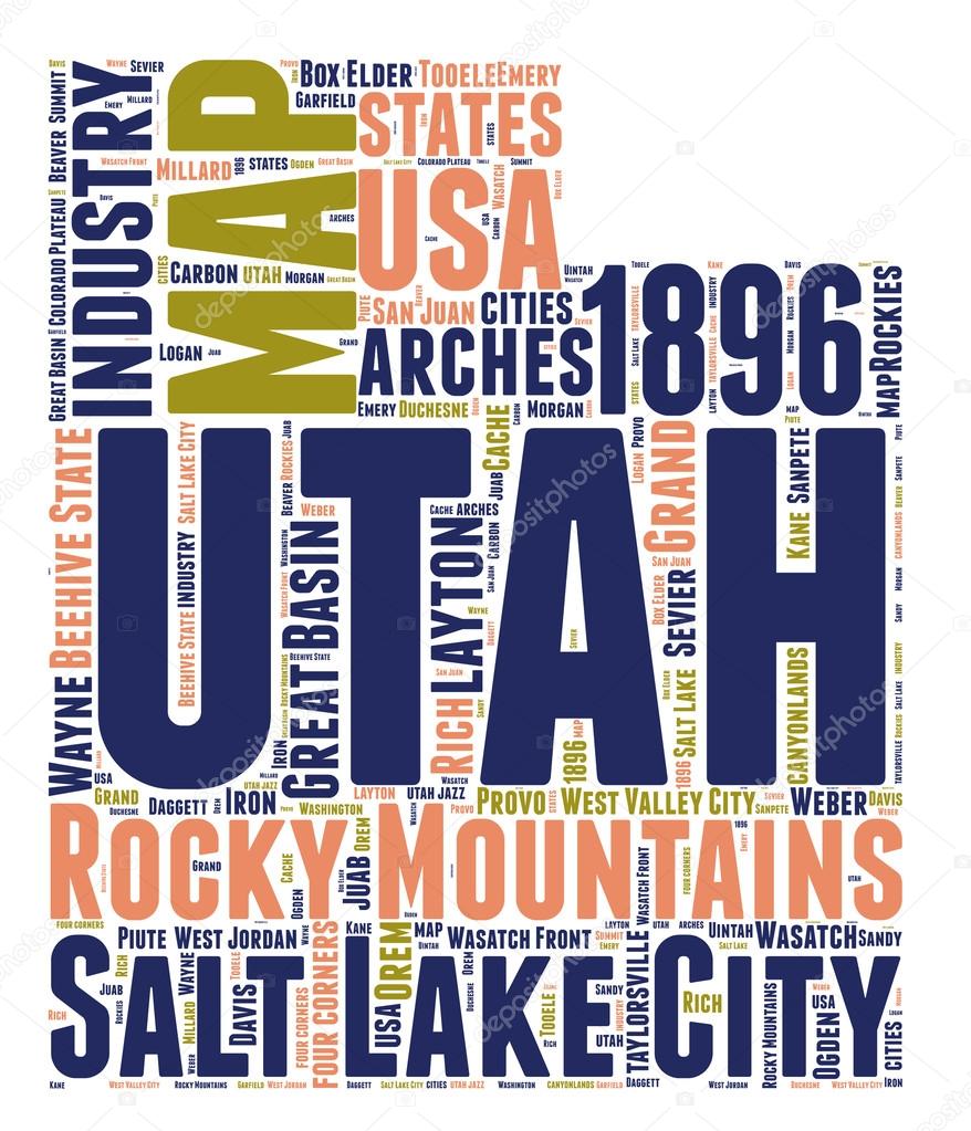 Utah Usa state tag cloud map shaped vector illustration