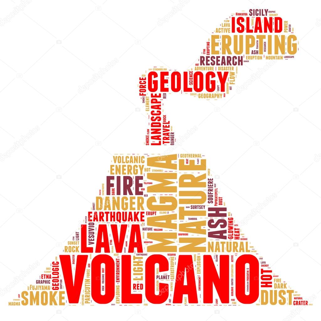 Volcano pictogram tag cloud vector illustration