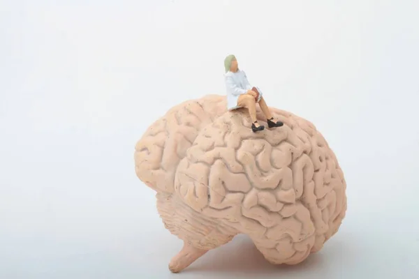 Miniatuur Beeldje Van Mens Zittend Een Reusachtige Hersenen — Stockfoto