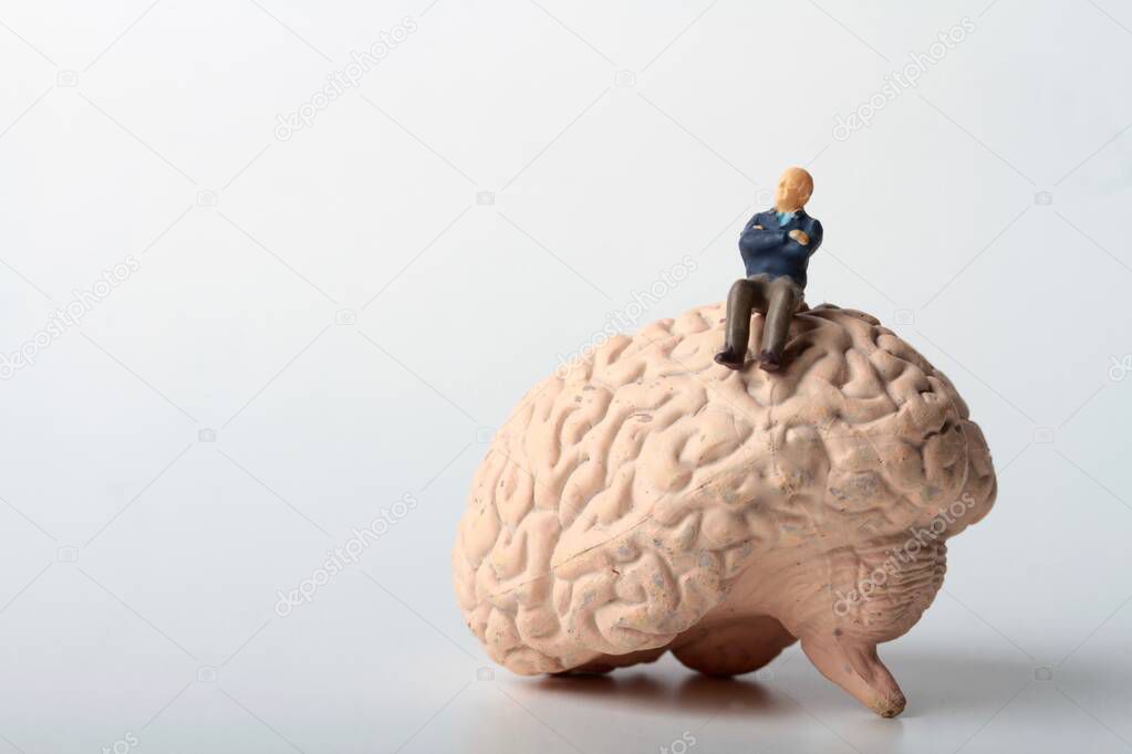 miniature figurine of human sitting on a giant brain