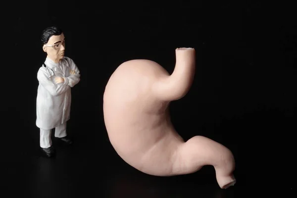 Miniature Figurine Doctor Wit Huge Stomach Black Background — Stock fotografie