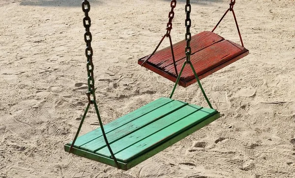 Children Playground Empty Swing Outdoor Park Hanging Seat Often Found — Stock Fotó