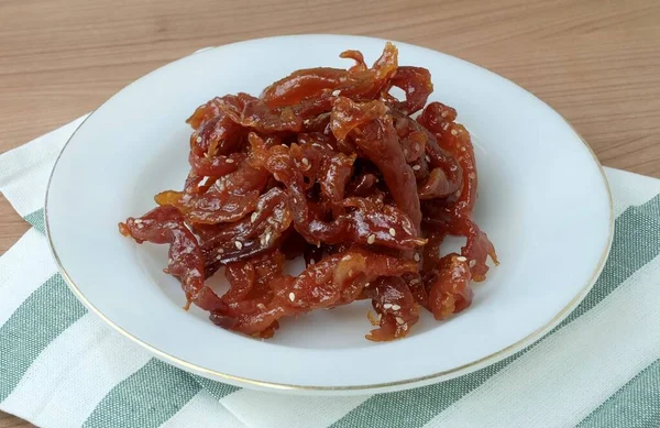 Νόστιμο Βόειο Κρέας Jerky Τηγανητό Μαριναρισμένο Βόειο Κρέας — Φωτογραφία Αρχείου