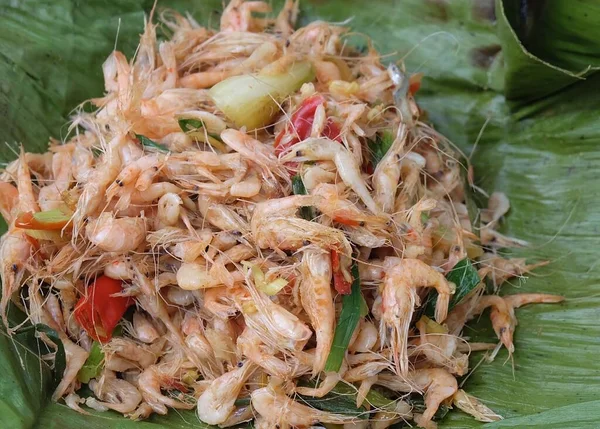 Thaise Keuken Voedsel Kruidige Garnalen Salade Mengen Met Shallot Chillies — Stockfoto