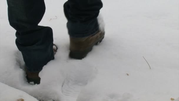 Человек ходит по свежему снегу — стоковое видео