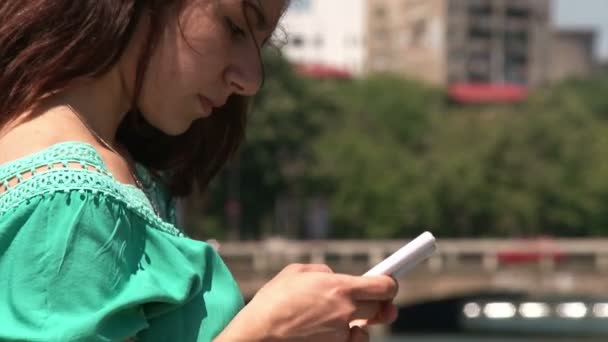 Menina de pé em uma ponte e mensagens de texto — Vídeo de Stock