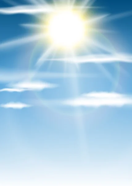 Latar Belakang Vektor dengan Matahari Bersinar dan Awan di Langit Biru - Stok Vektor