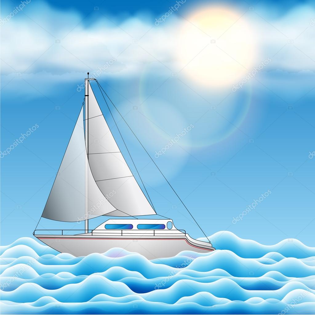 Vector Illustration of a Sailing Yacht Floating on the Sea