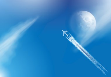 Vector airplane in the clouds with the moon and condensation tra