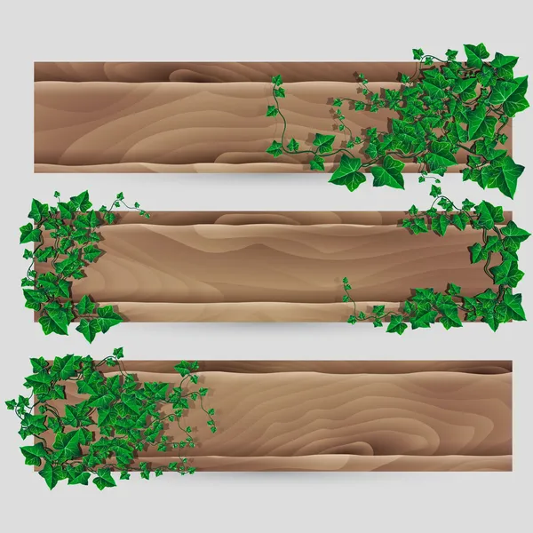 Efeu Blatt dekoriert Holzplanke Vektor Banner-Set — Stockvektor