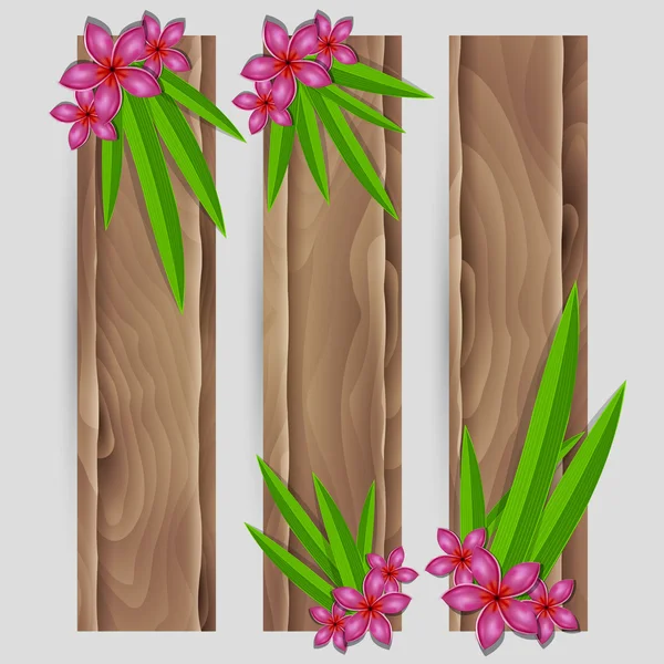 Blätter und exotische Blumen dekoriert Vektor Holz Banner-Set — Stockvektor