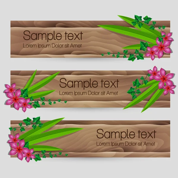 Ivy leafs and exotic flower decorated vector wood banner set — Stock Vector