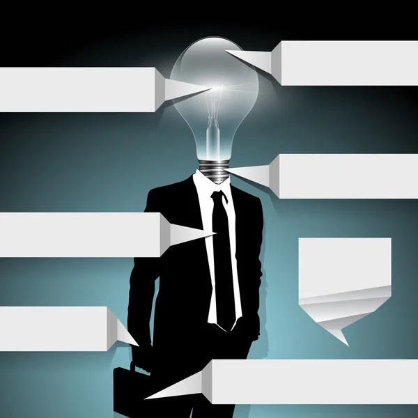 Creative vector light bulb headed business man with tags — Stock Vector