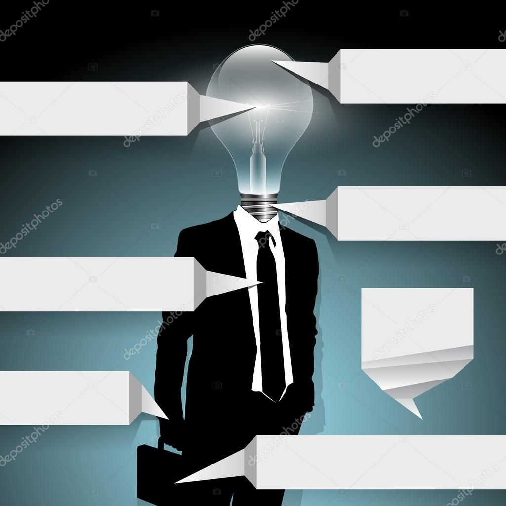 Creative vector light bulb headed business man with tags