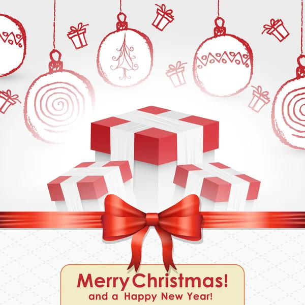 Κομψό Χριστουγεννιάτικη κάρτα με χαριτωμένο δώρα, ribbonn και χέρι ισοπαλία — Διανυσματικό Αρχείο