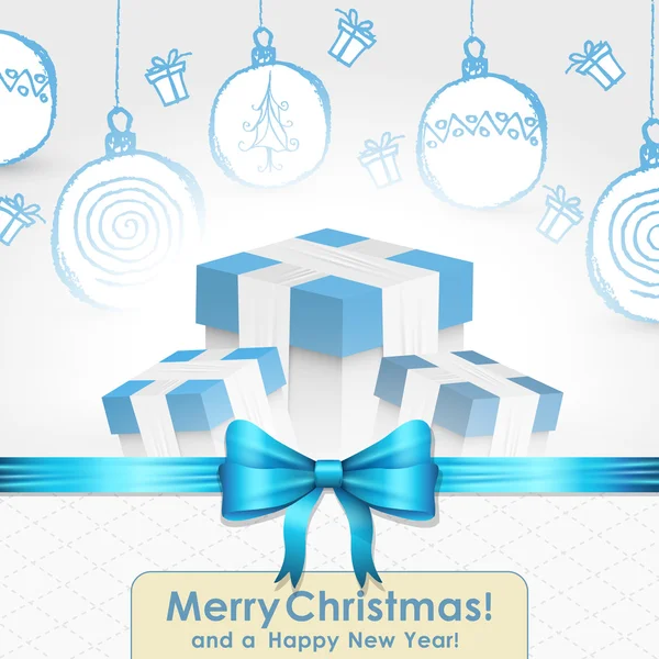 Cartão de Natal elegante com presentes bonitos, ribbonn e mão desenhar —  Vetores de Stock