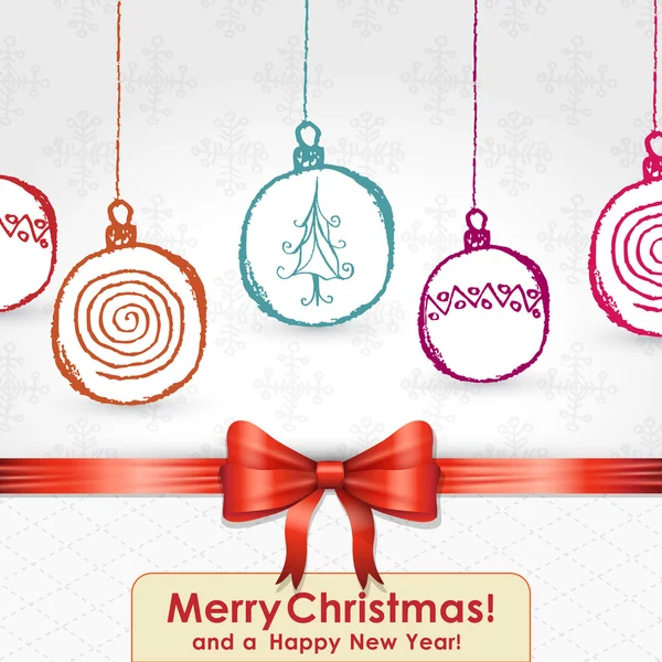 Elegante tarjeta navideña con lazo, cinta y globos dibujados a mano ba — Vector de stock