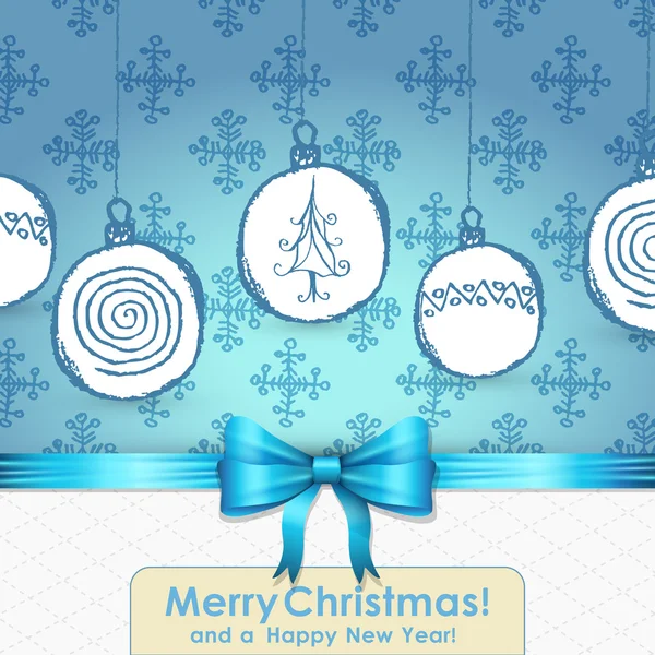 Elegant Christmas card with bow, ribbon and hand drawn globes ba — Stock Vector