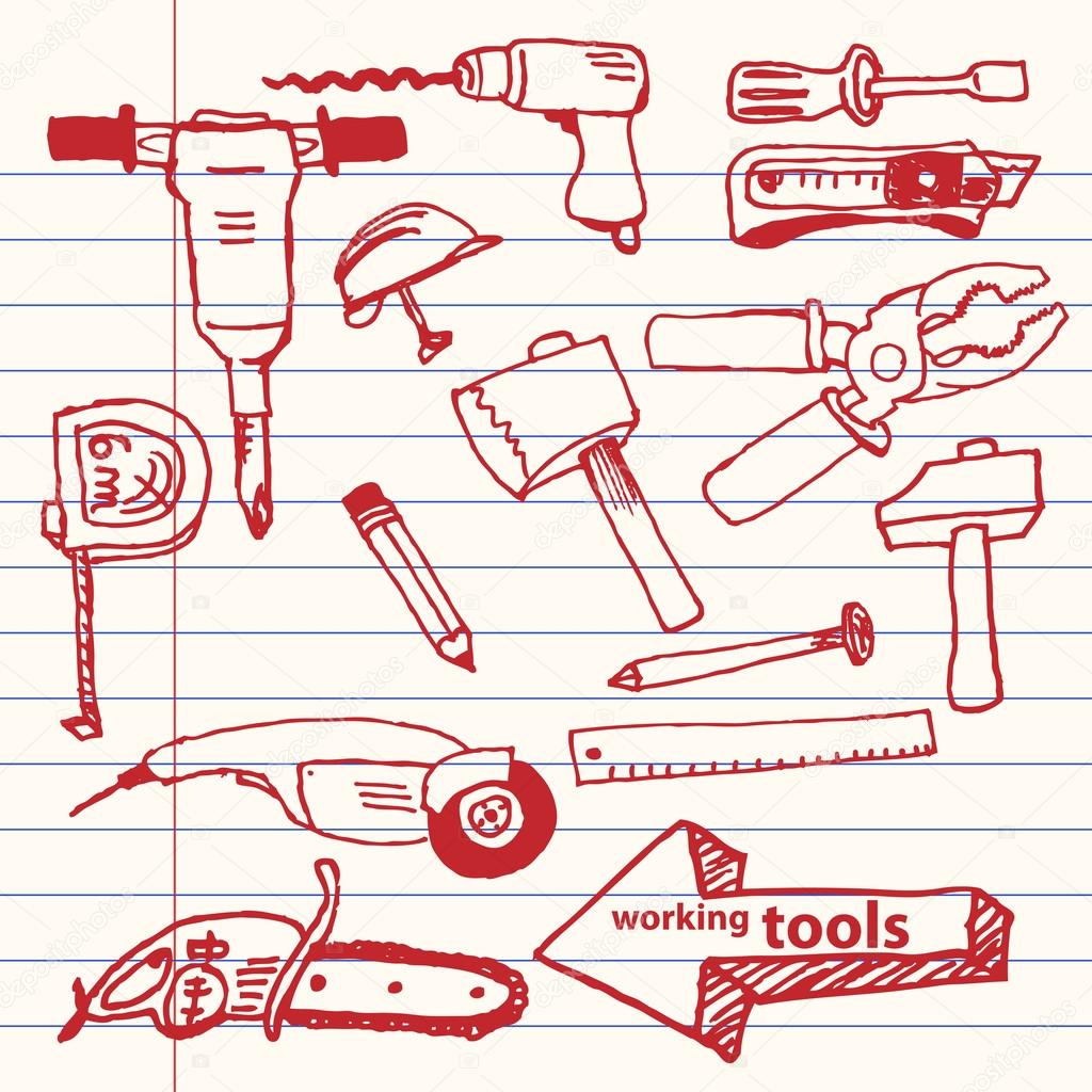 Vector hand-drawn working tools set