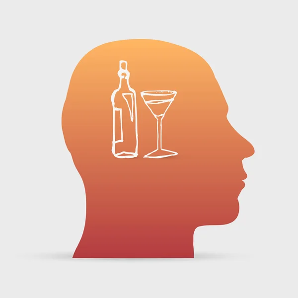 Cabeza humana con botella de vino dibujada a mano e icono de cristal de martini — Archivo Imágenes Vectoriales