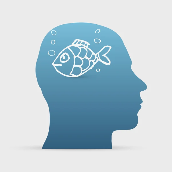 Human head with hand drawn fish in water icon — Stock Vector