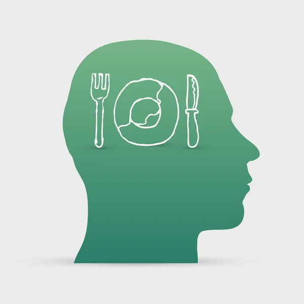 Mänskligt huvud med handen ritade plattan, gaffel och kniv ikon — Stock vektor