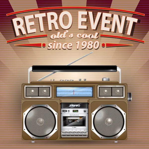 Retro partij brochure met vintage stereo radio cassetterecorder — Stockvector