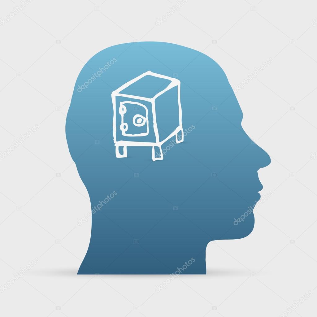 Human head with hand drawn safe deposit box icon