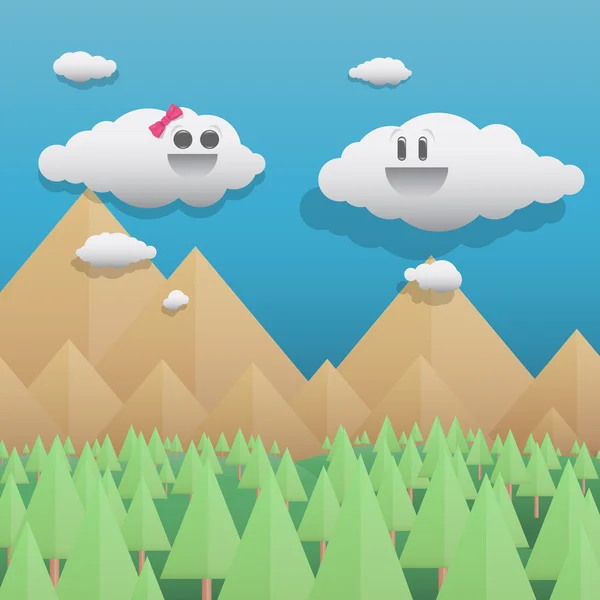 Lindas nubes en el paisaje del bosque de pino de montaña — Vector de stock