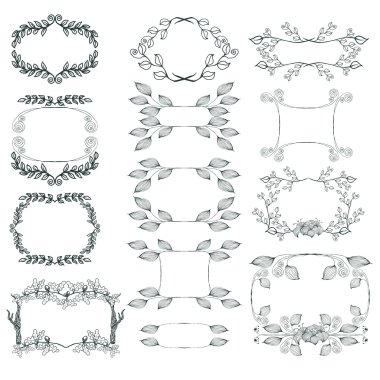 vektör vintage elle çizilmiş doğa çerçeve kümesi