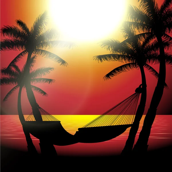 Vector summer sunset view in beach with palm trees and hammock — Stock Vector